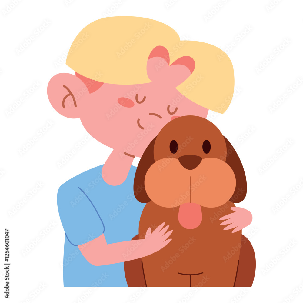 Boy cuddling a brown puppy with affection Boy cuddling a brown puppy with affection
