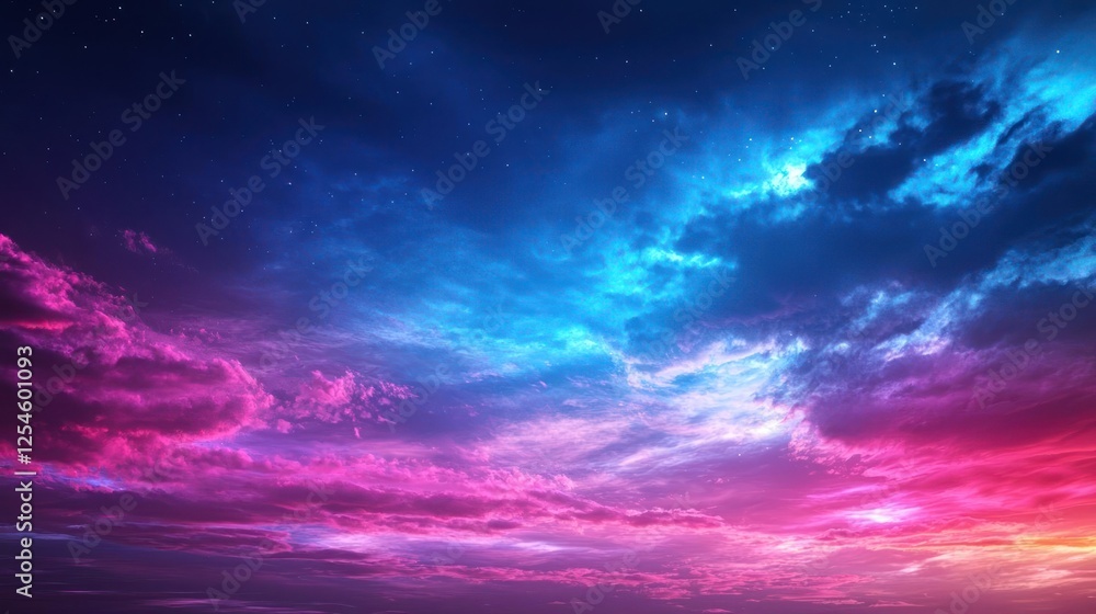 Vibrant Pink Blue Night Sky with Clouds and Stars