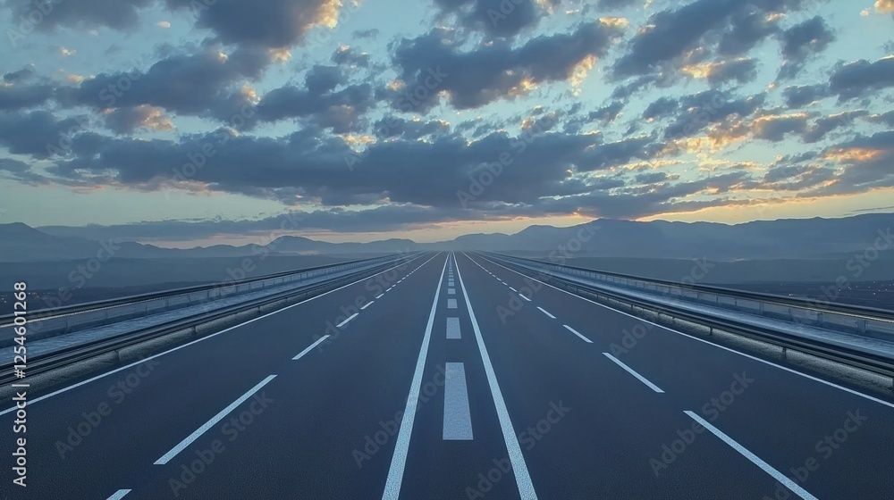 Fototapeta premium Serene Empty Road Under Dramatic Sky at Sunset in Scenic Landscape