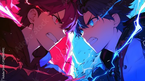 Two anime boys facing each other, one with red lightning and the second in blue lightning, cartoon style, anime background, Generative AI