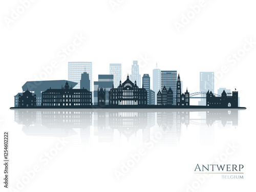 Antwerp skyline silhouette with reflection. Landscape Antwerp, Belgium. Vector illustration.