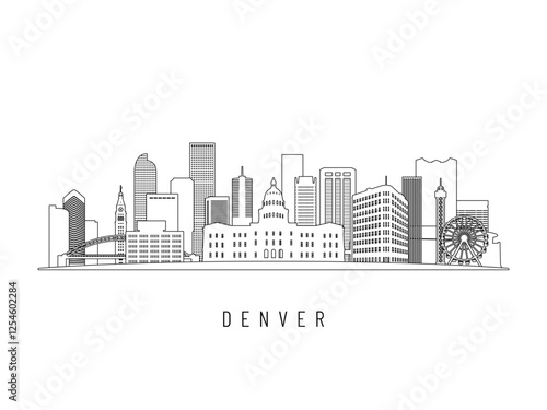 Detailed Denver skyline vector illustration. Denver buildings in line art style, perfect for modern designs.