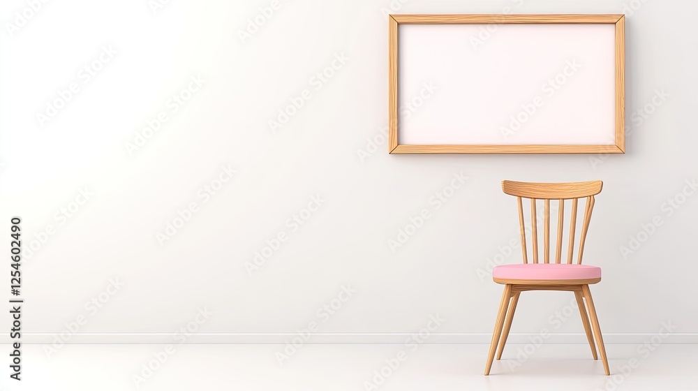 Minimalist interior with a wooden chair and empty frame on a white wall, creating a serene atmosphere Minimalist interior with a wooden chair and empty frame on a white wall, creating a serene atmosphere