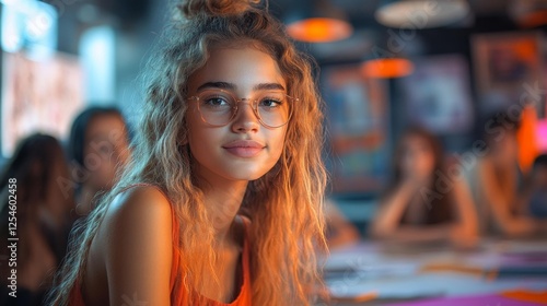 Wallpaper Mural Young Girl Smiling with Glasses in a Classroom Setting. Generative AI Torontodigital.ca