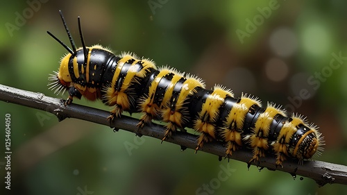 Close-up of a yellow and black caterpillar on a green leaf, eating and surrounded by nature photo