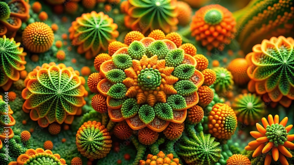 Intricate macro shot of green and orange organic patterns resembling botanical structures or microscopic natural formations with delicate floral arrangements, plant, stems Intricate macro shot of green and orange organic patterns resembling botanical structures or microscopic natural formations with delicate floral arrangements, plant, stems