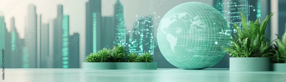Fototapeta premium A futuristic cityscape features green plants and a digital globe, symbolizing sustainability and innovation in urban environments.