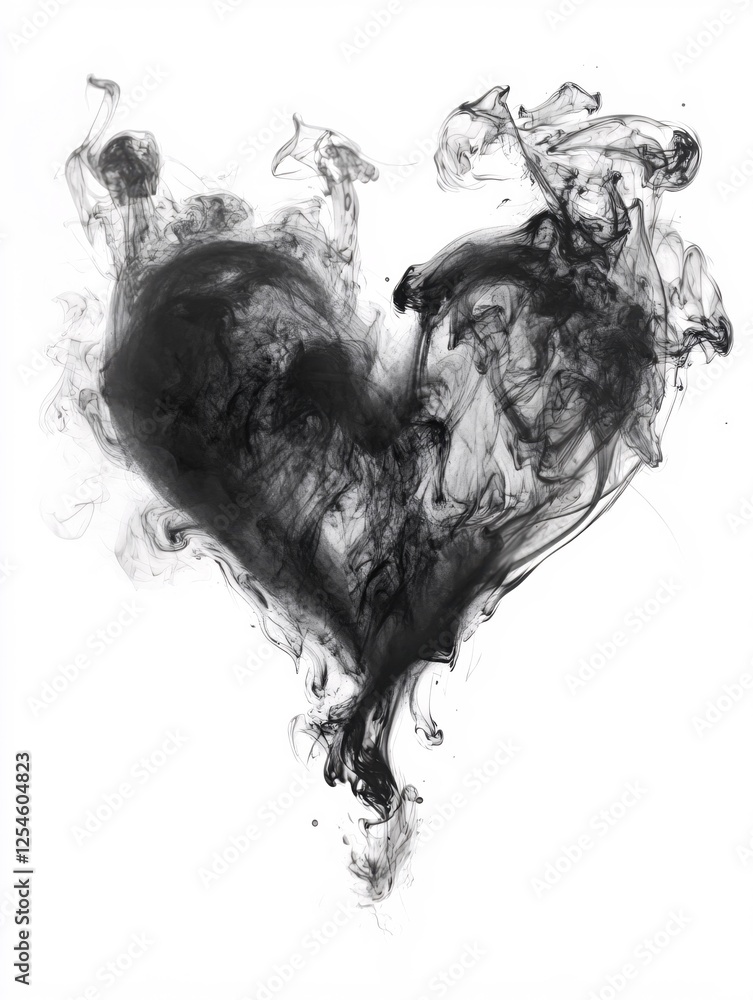 Fototapeta premium Black ink heart shape formation on white background abstract smoky texture artistic design