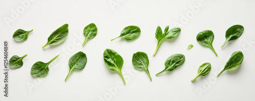 Fresh spinach leaves arranged in flat lay, showcasing their vibrant green color and varied shapes. This captures essence of healthy eating and fresh produce