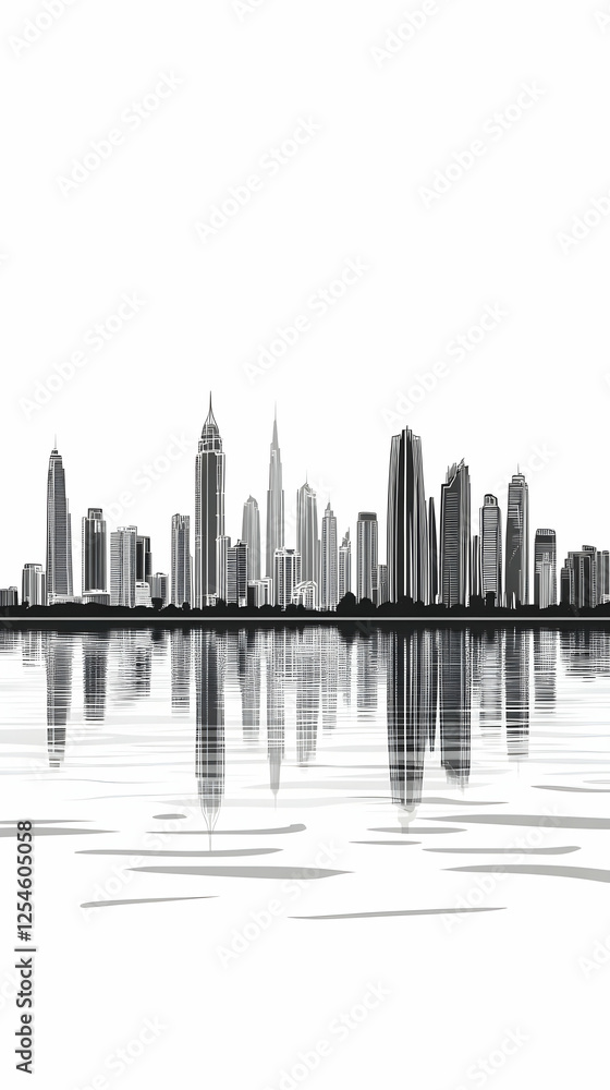 Obraz premium Cityscape reflection, waterfront, calm waters, urban skyline, design
