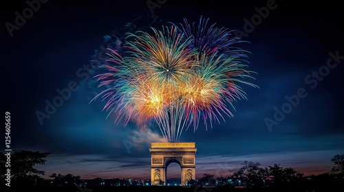 Colorful Fireworks Over Arc De Triomphe In Paris photo