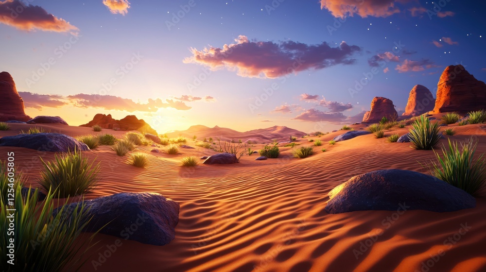 Naklejka premium Desert landscape at sunset with sand dunes rocks and vegetation under a starry sky