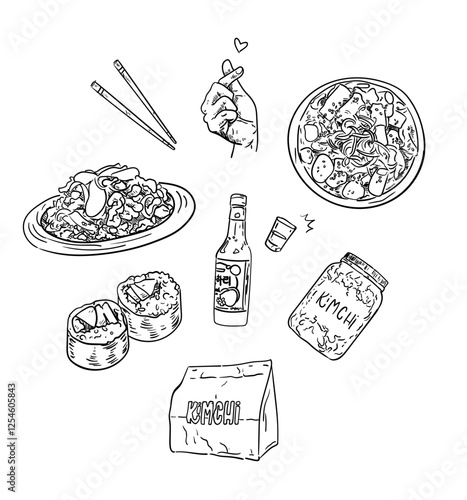 korean food: kimchi, kimbap, topokki and bulgogi. 