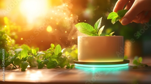 Fresh Mint Leaves with Magical Glow in a White Pot on a Wooden Table. Generative AI photo