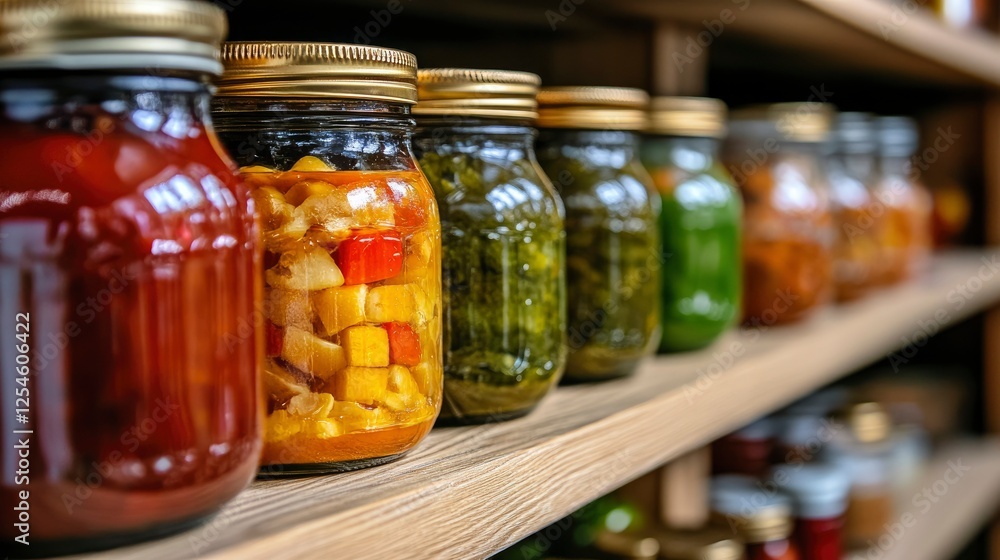 Preserved Food Jars on Wooden Shelf - Home Canning and Storage Preserved Food Jars on Wooden Shelf - Home Canning and Storage
