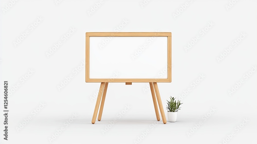 Minimalist wooden frame with blank canvas and small potted plant in a bright, airy space Minimalist wooden frame with blank canvas and small potted plant in a bright, airy space