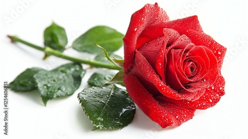Fresh Red Rose With Water Drops On Petals And Leaves