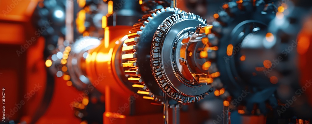 Fototapeta premium Detailed Close Up of Intricate Gears and Cogs with Orange and Blue Lighting Industrial Art