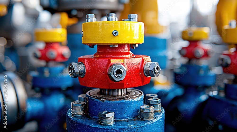 Vivid Industrial Machinery A Colorful Close Up of Complex Piping System with Bolts and Valves Vivid Industrial Machinery A Colorful Close Up of Complex Piping System with Bolts and Valves