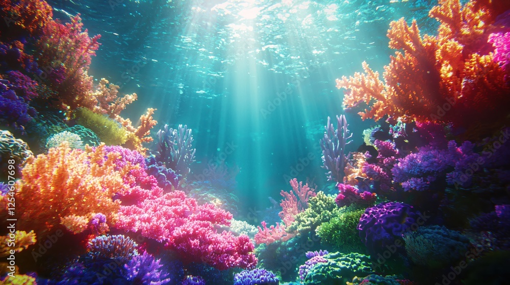Fototapeta premium Vibrant Coral Reef Ecosystem Illuminated by Sunbeams Underwater Marine Biodiversity Scene