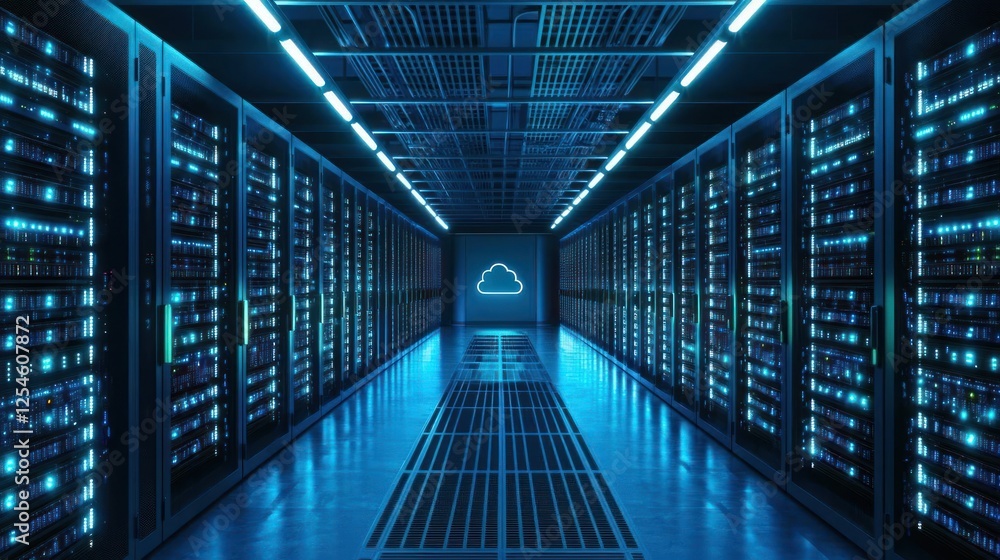 Modern Server Room With Glowing Blue Lights Modern Server Room With Glowing Blue Lights