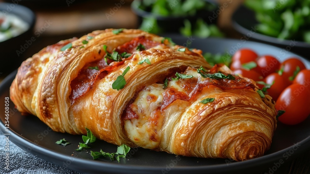 Cheesy Croissant with Pepperoni and Fresh Herbs on Plate. Generative AI Cheesy Croissant with Pepperoni and Fresh Herbs on Plate. Generative AI