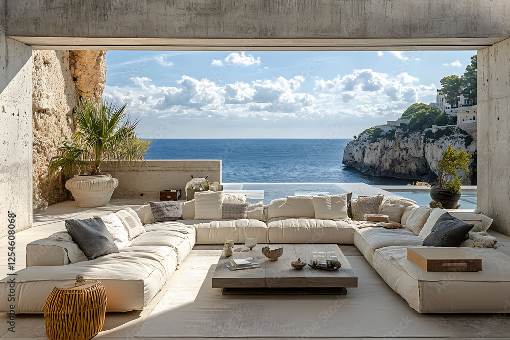 Fototapeta premium internal cute beach house with bog window, rustic wooden roof, blue windows, wooden porch, white walls with white rough rocks, sand and rocks on the shore, white sun loungers with pillows