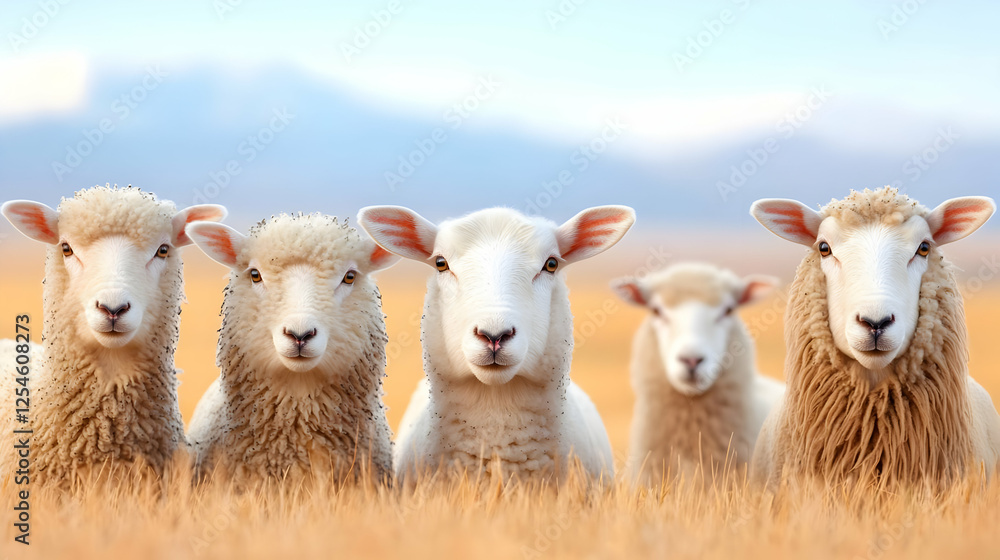 Fototapeta premium Sheep gazing in field, mountains background, farm animals