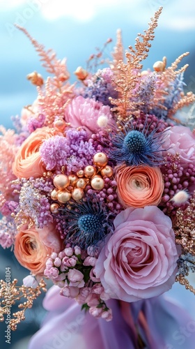 Wallpaper Mural Beautiful floral bouquet featuring pastel roses and vibrant embellishments against a scenic backdrop Torontodigital.ca