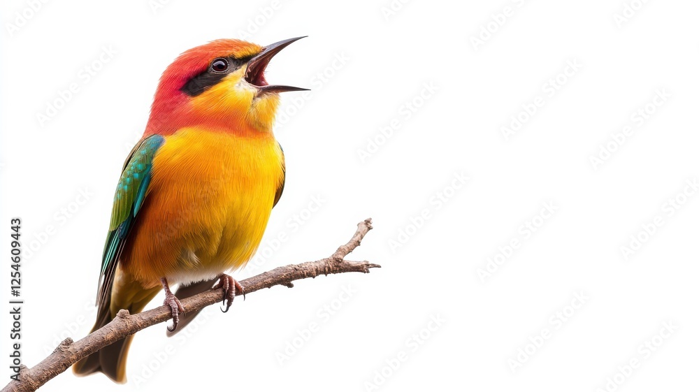 Fototapeta premium A vibrant bird with a striking red, yellow, and green plumage perched on a branch, singing.
