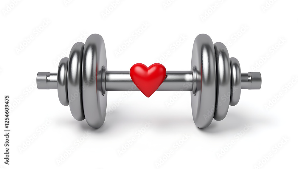 Fototapeta premium A simple 3D render of a dumbbell with a heart symbol, symbolizing physical fitness and health, placed on a plain white background.