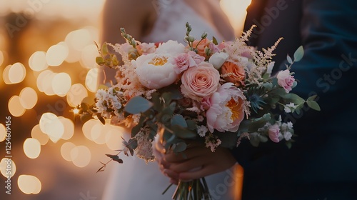 Intimate Close-Up of a Bride and Groom Holding a Beautiful Bouquet at Golden Hour