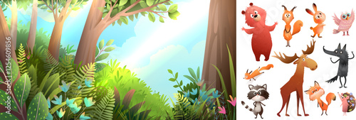 Woodland scenery and wild forest animals clipart collection. Cute bear wolf fox hedgehog with owl, and a turtle collection. Vector animals and wilderness background, kids story illustration collection