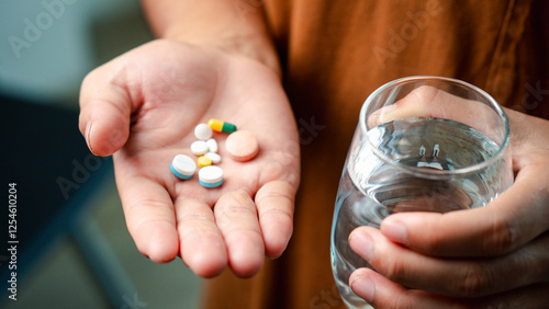 Male hand holding dietary supplement, vitamin C, B, fish oil and holding a glass of water, close-up photo of dietary supplement or pills on palm