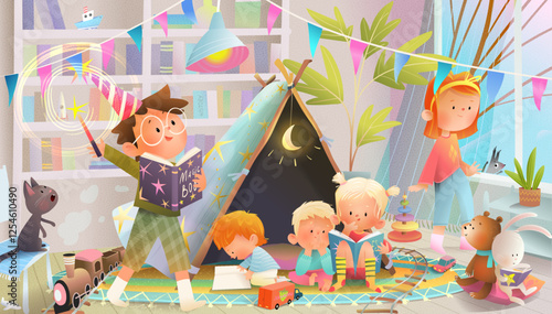 Children of different age playing together at home or kindergarten. Elementary and school age kids group reading books. Education and learning colorful children illustration. Vector cartoon hand drawn