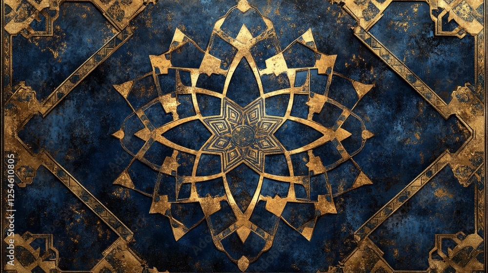 Fototapeta premium A dynamic background filled with Arabic calligraphy and geometric motifs, arranged in a repeating pattern, with a mix of deep blues and gold