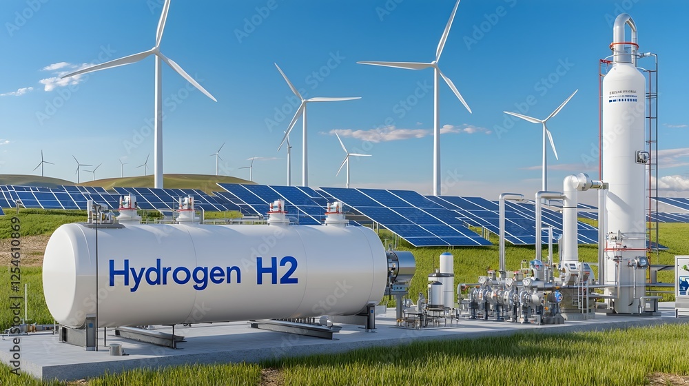 Naklejka premium Futuristic hydrogen energy storage facility showcasing an integrated system of wind turbines solar panels and a high tech hydrogen gas tank