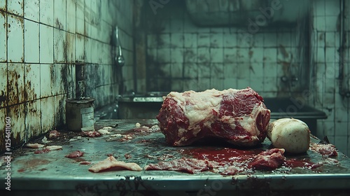 Rotten meat left uncovered on a filthy metal counter