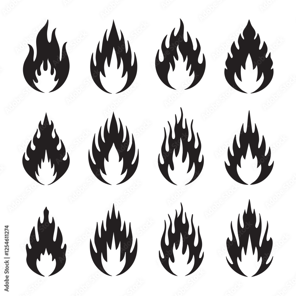 A collection of silhouette black flame tatoo patterns against a white background. A collection of silhouette black flame tatoo patterns against a white background.