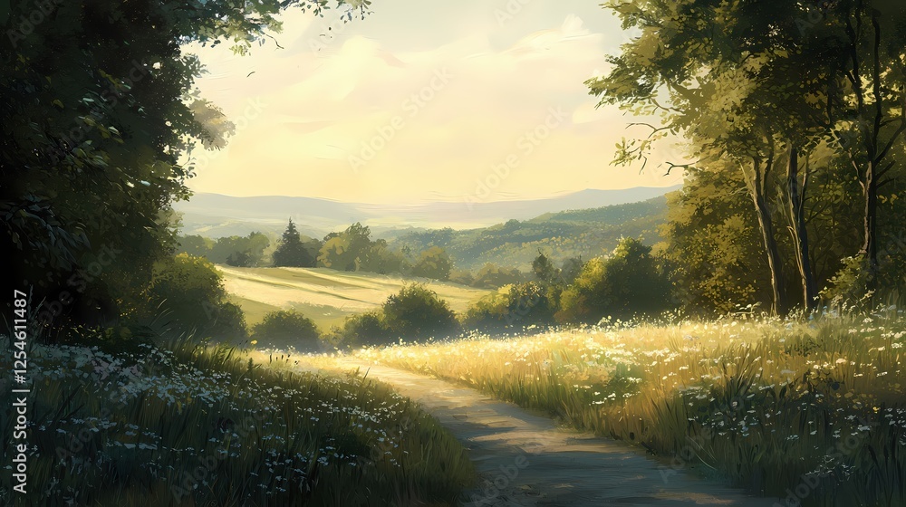 Obraz premium Serene Countryside Path Through Meadow with Wildflowers and Lush Trees in Golden Light
