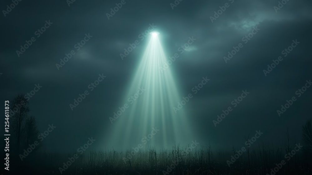 Mysterious scene with a beam of light illuminating a foggy field under a stormy sky. Dark gray and white tones dominate. A slight mist effect is Mysterious scene with a beam of light illuminating a foggy field under a stormy sky. Dark gray and white tones dominate. A slight mist effect is