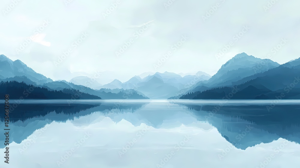 Obraz premium Serene Lake Reflection with Misty Mountains in Blue Palette Tranquil and Peaceful Scene