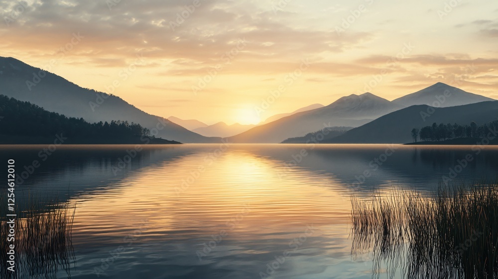 Fototapeta premium Serene Lake Reflection at Sunset with Distant Mountains and Golden Sky Creating Tranquil Scene