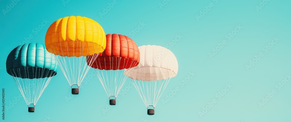 Obraz premium Four colorful parachutes float against a clear blue sky, showcasing vibrant hues and a sense of adventure.