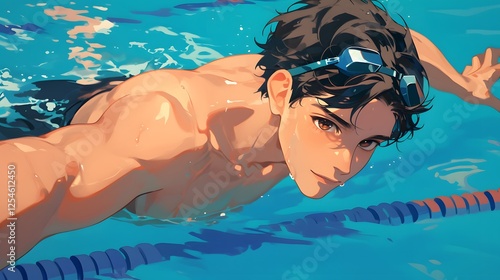 Japanese anime-style illustration of an Olympic swimmer, a male with black hair and brown eyes, swimming in a pool, Generative AI