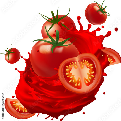 Tomato ketchup swirl splash with red juice drops, vector food condiment or seasoning. of juice, tomato paste, ketchup, sauce. 3d illustration Gradient Mesh