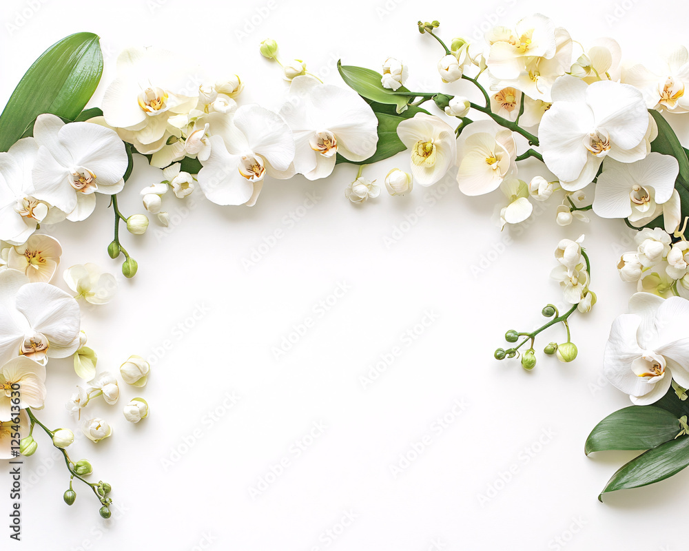 Obraz premium white orchids and green leaves border on white background floral frame
