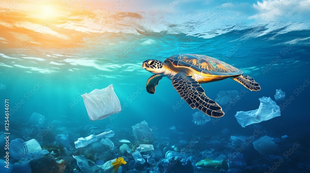 Fototapeta premium Sea Turtle Struggles Amid Ocean Pollution – The Impact of Plastic Waste on Marine Life