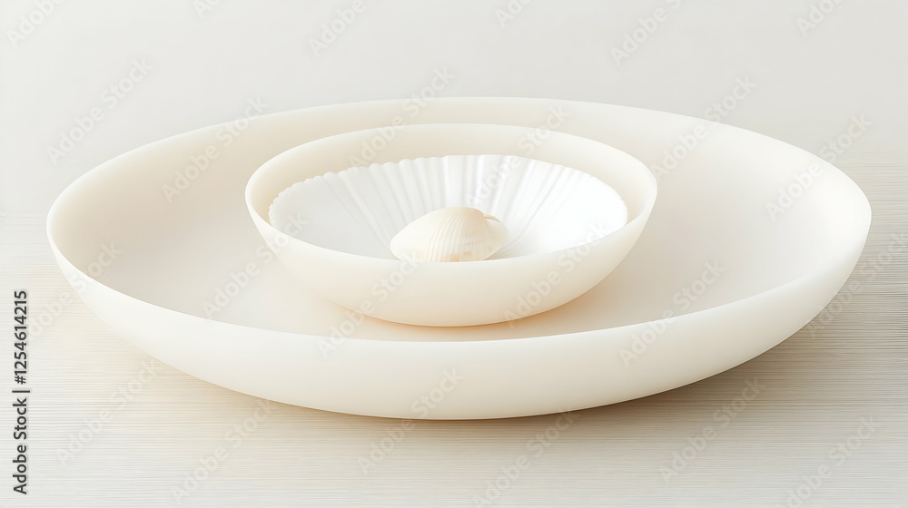 Creamy White Bowls and Shell Minimalist Illustration Creamy White Bowls and Shell Minimalist Illustration
