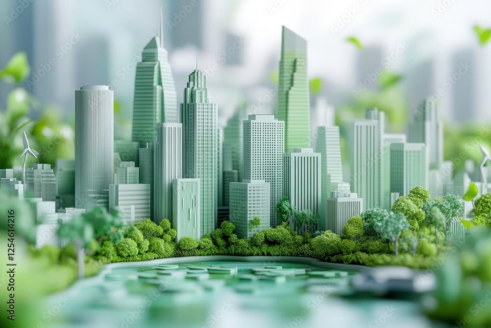 A futuristic cityscape model featuring green skyscrapers and lush greenery surrounding a serene pond. A futuristic cityscape model featuring green skyscrapers and lush greenery surrounding a serene pond.
